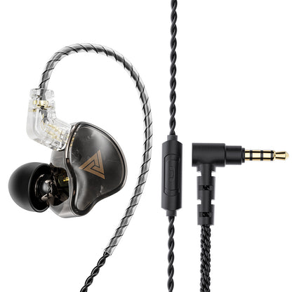 Black and silver braided cable with 3.5mm gold-plated audio jack, connected to in-ear monitors, on a white background