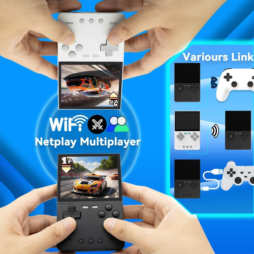 TRIMUI Brick handheld console supports WiFi netplay multiplayer and various controller link options for interactive gaming sessions.