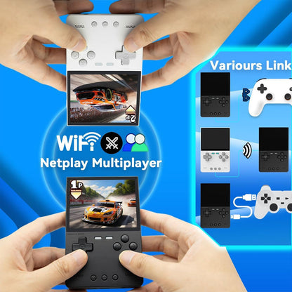 TRIMUI Brick handheld console supports WiFi netplay multiplayer and various controller link options for interactive gaming sessions.