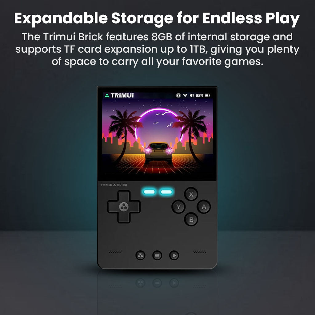 TRIMUI Brick handheld console with 8GB internal storage and TF card support up to 1TB for storing thousands of retro games.