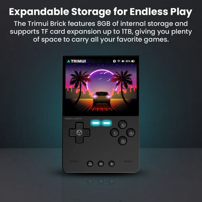 TRIMUI Brick handheld console with 8GB internal storage and TF card support up to 1TB for storing thousands of retro games.