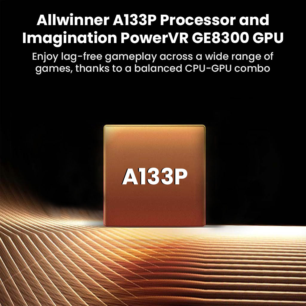TRIMUI Brick features Allwinner A133P processor and PowerVR GE8300 GPU for smooth retro gaming performance on a compact handheld console.