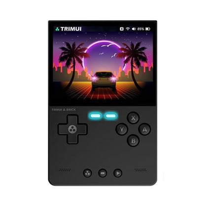 TRIMUI Brick handheld game console with 3.2-inch display showing retro-themed game, ideal for portable gaming and classic nostalgia.