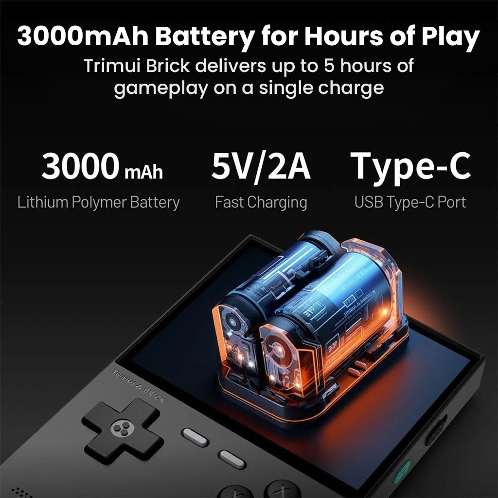 TRIMUI Brick includes a 3000mAh battery with Type-C fast charging, offering up to 5 hours of continuous retro gaming on the go.