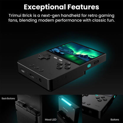 TRIMUI Brick handheld game console blends modern features like mood LED and back buttons with retro gaming design.
