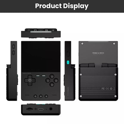 TRIMUI Brick product display showing front, side, and back views of the compact handheld game console with detailed button layout.