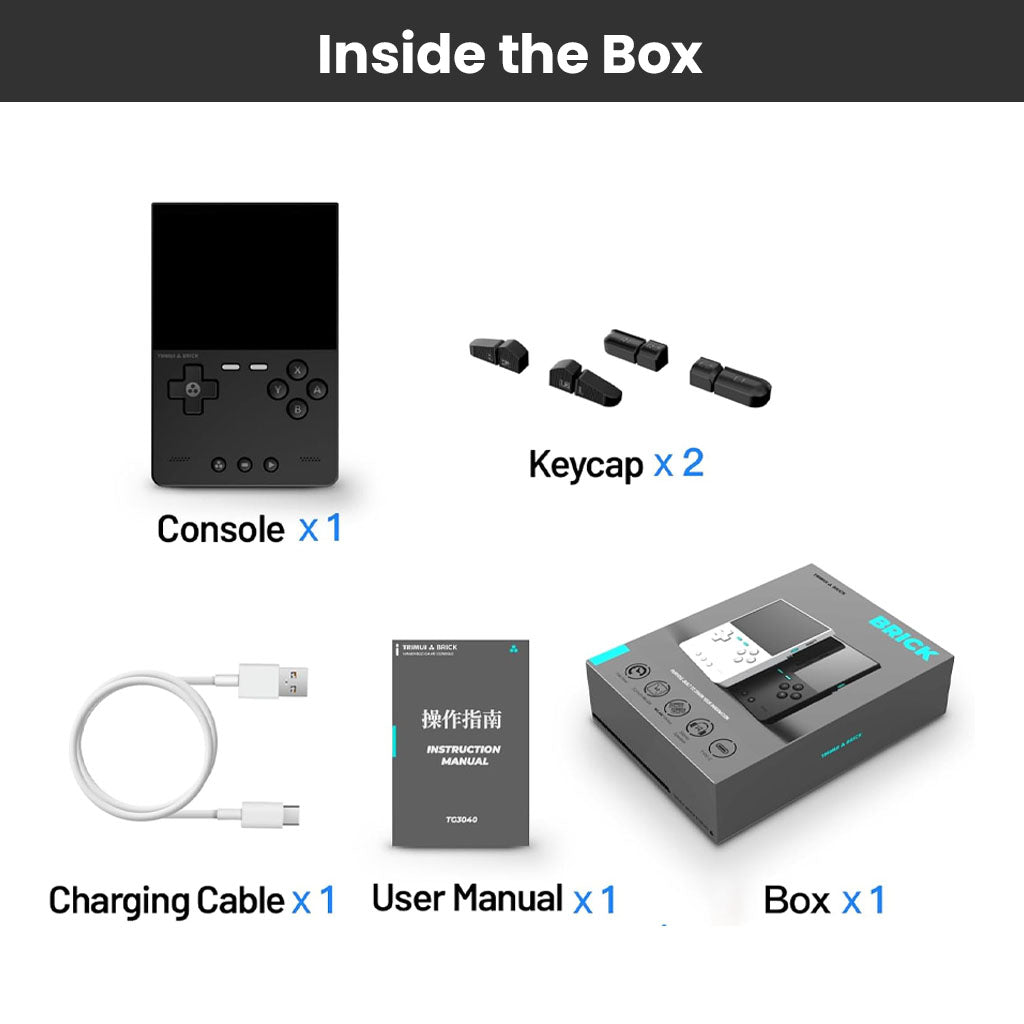 TRIMUI Brick box contents include console, keycaps, charging cable, and user manual, offering a complete retro gaming package.