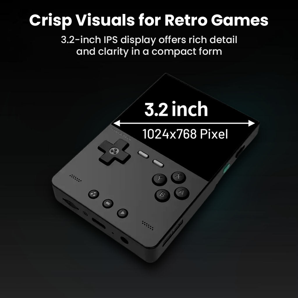 TRIMUI Brick features a 3.2-inch IPS display with 1024x768 resolution, delivering crisp visuals for retro gaming enthusiasts.