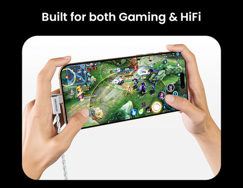 Person holding a smartphone with a game displayed, text 'Built for both Gaming & HiFi' above.