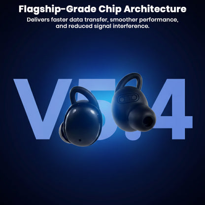 Black CCA-Sleep TWS earbuds with V5.4 chip architecture offering faster data transfer and reduced signal interference.