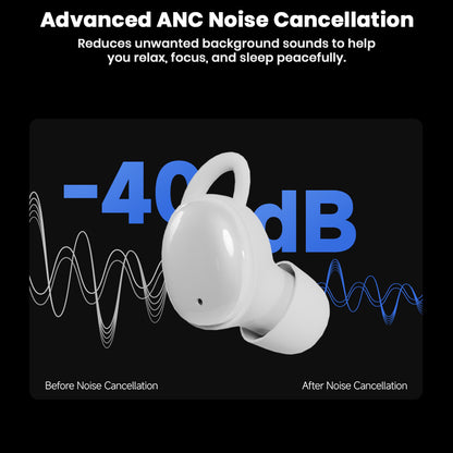 White CCA-Sleep TWS earbud demonstrating advanced ANC noise cancellation up to -40dB for peaceful sleep and focus.