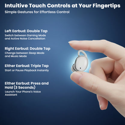 Hand operating CCA-Sleep TWS earbud with intuitive touch controls for switching modes, activating voice assistant, and playback.