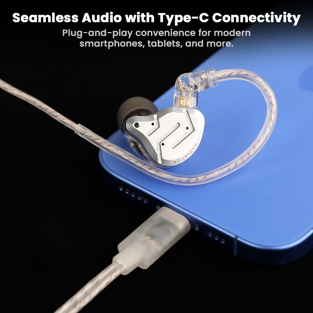AUDIOCULAR - RC1 Cable connected via Type-C to smartphone, delivering seamless audio for KZ IEMs with plug-and-play convenience.