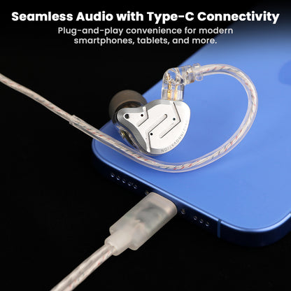 AUDIOCULAR - RC1 Cable connected via Type-C to smartphone, delivering seamless audio for KZ IEMs with plug-and-play convenience.