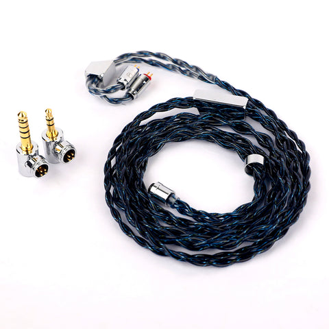 Braided audio cable with 2 different connector tips on a white background