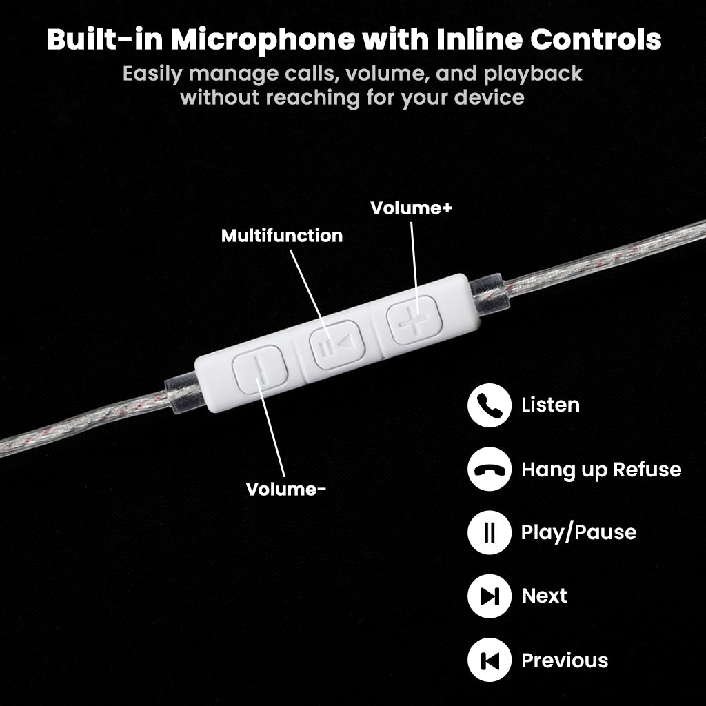 Close-up of AUDIOCULAR - RC2 IEM Replacement Cable's inline controls with built-in mic for volume, playback, and call management.