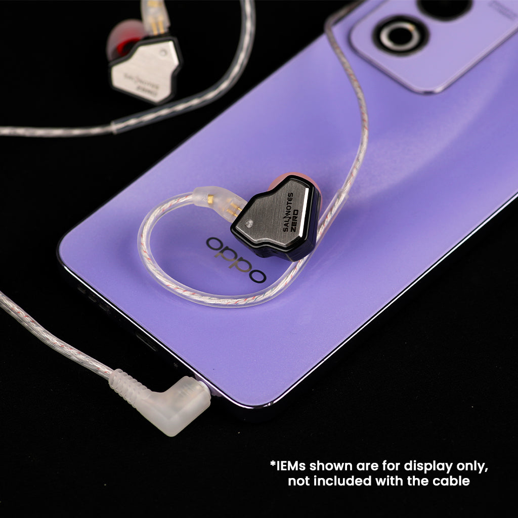 AUDIOCULAR - RC2 IEM Replacement Cable connected to IEMs and smartphone, showcasing compatibility and sleek design.