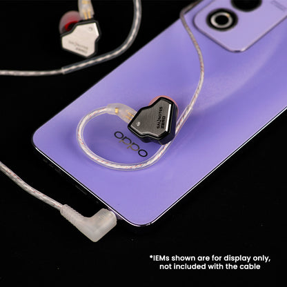 AUDIOCULAR - RC2 IEM Replacement Cable connected to IEMs and smartphone, showcasing compatibility and sleek design.