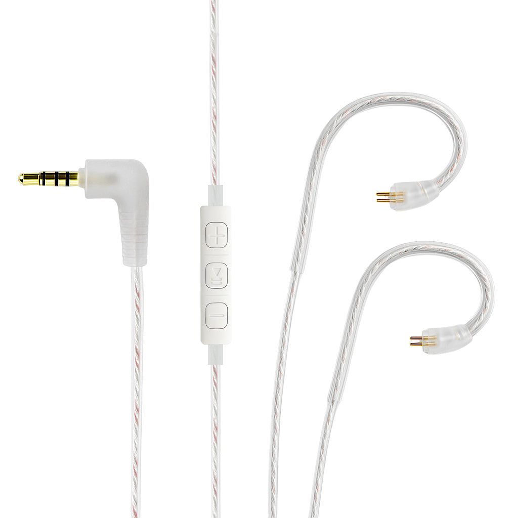 AUDIOCULAR - RC2 IEM Replacement Cable in silver with 3.5mm gold-plated plug and inline controls, compatible with 2-pin 0.78mm connectors.