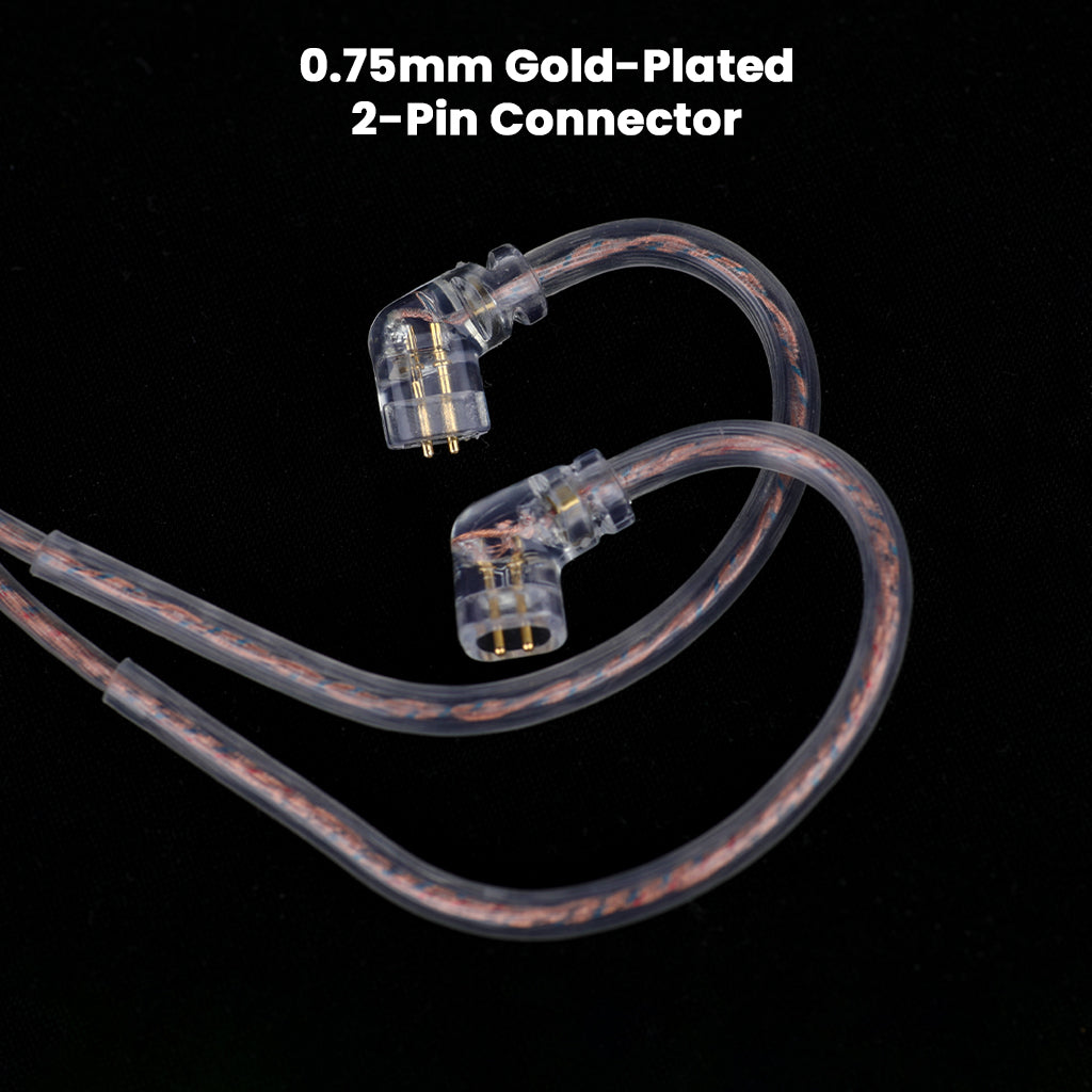Close-up of AUDIOCULAR RC4's 0.75mm gold-plated 2-pin connectors, designed for precise fit and optimal signal transfer with KZ IEMs.