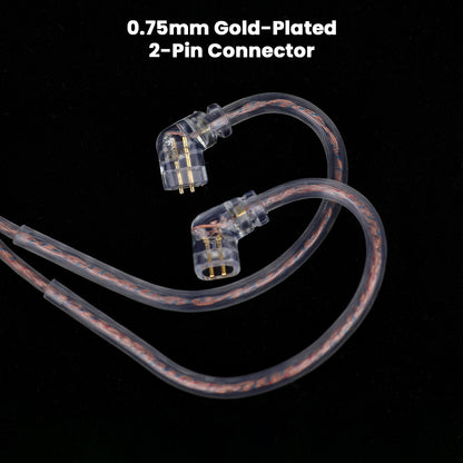 Close-up of AUDIOCULAR RC4's 0.75mm gold-plated 2-pin connectors, designed for precise fit and optimal signal transfer with KZ IEMs.