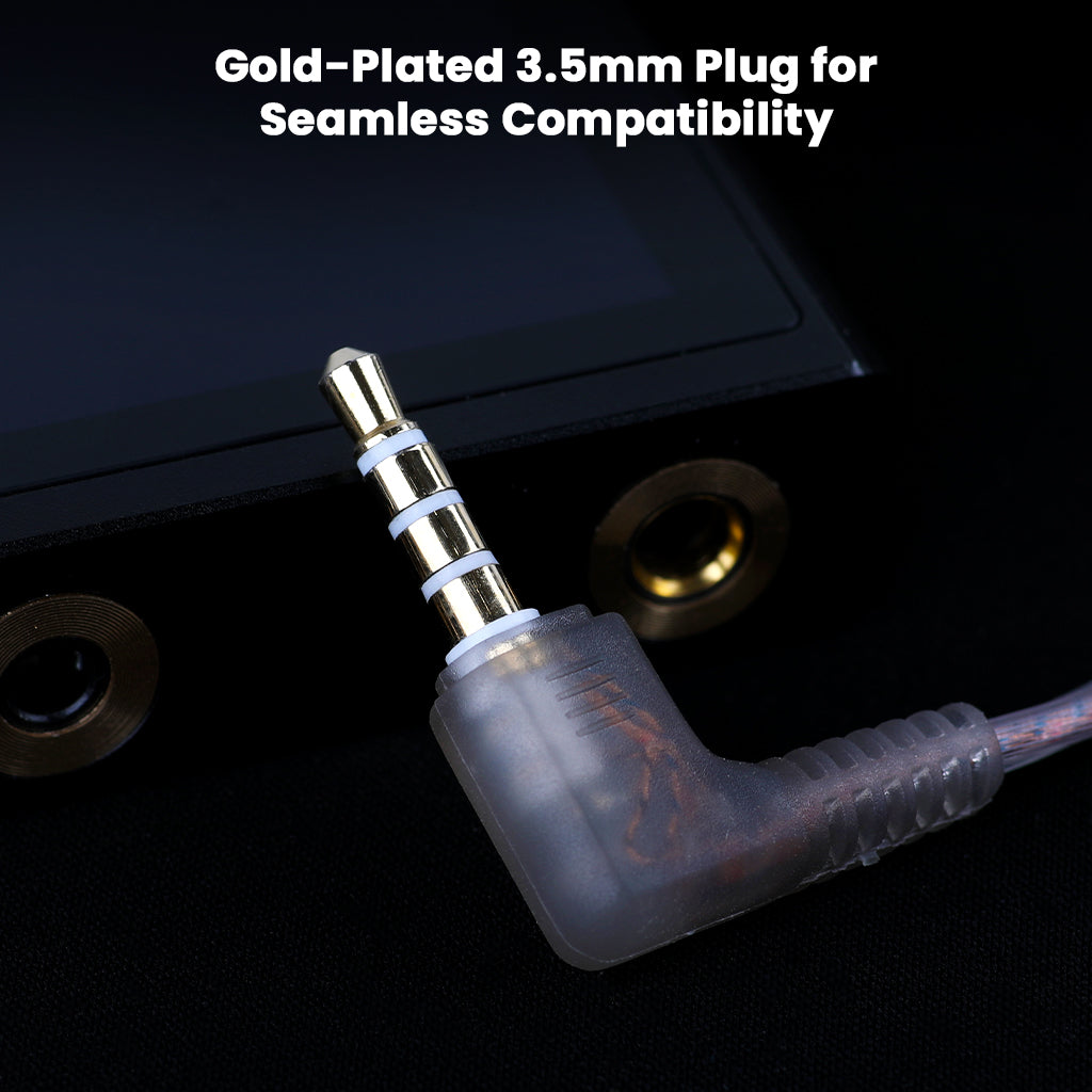 Gold-plated 3.5mm angled plug on AUDIOCULAR RC4 Replacement Cable offers seamless compatibility with audio devices and stable connection.