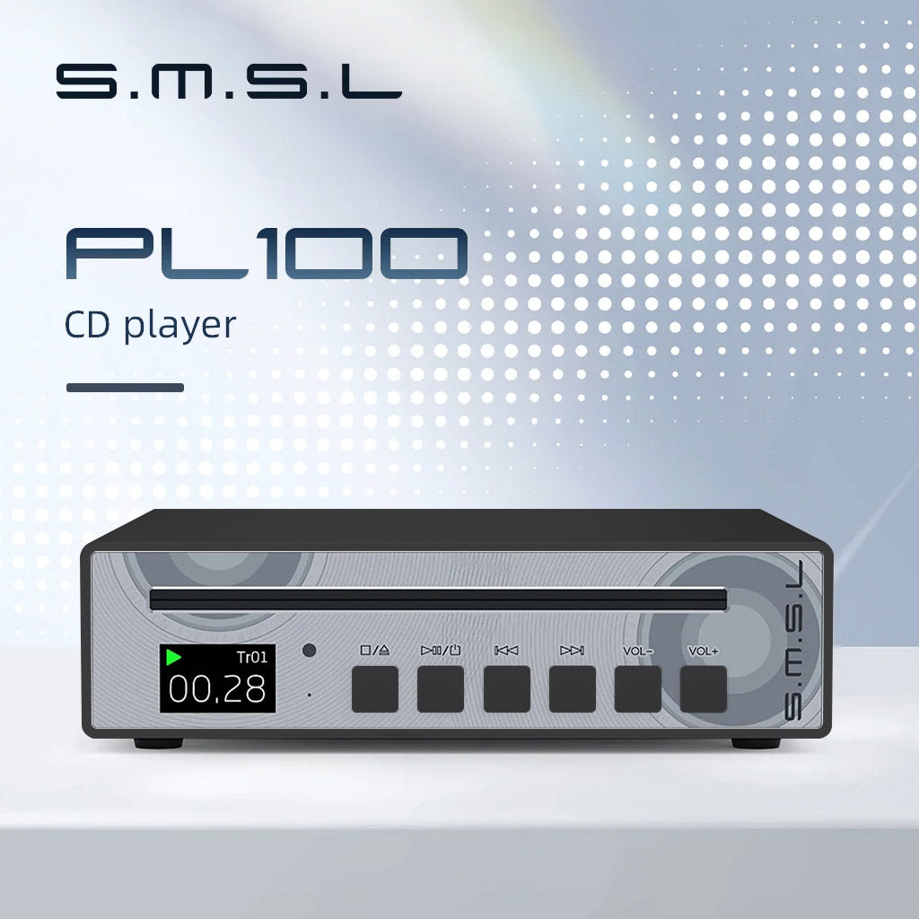 Front view of S.M.S.L PL100 CD Player showcasing sleek design and button layout, perfect for modern audio component collections.