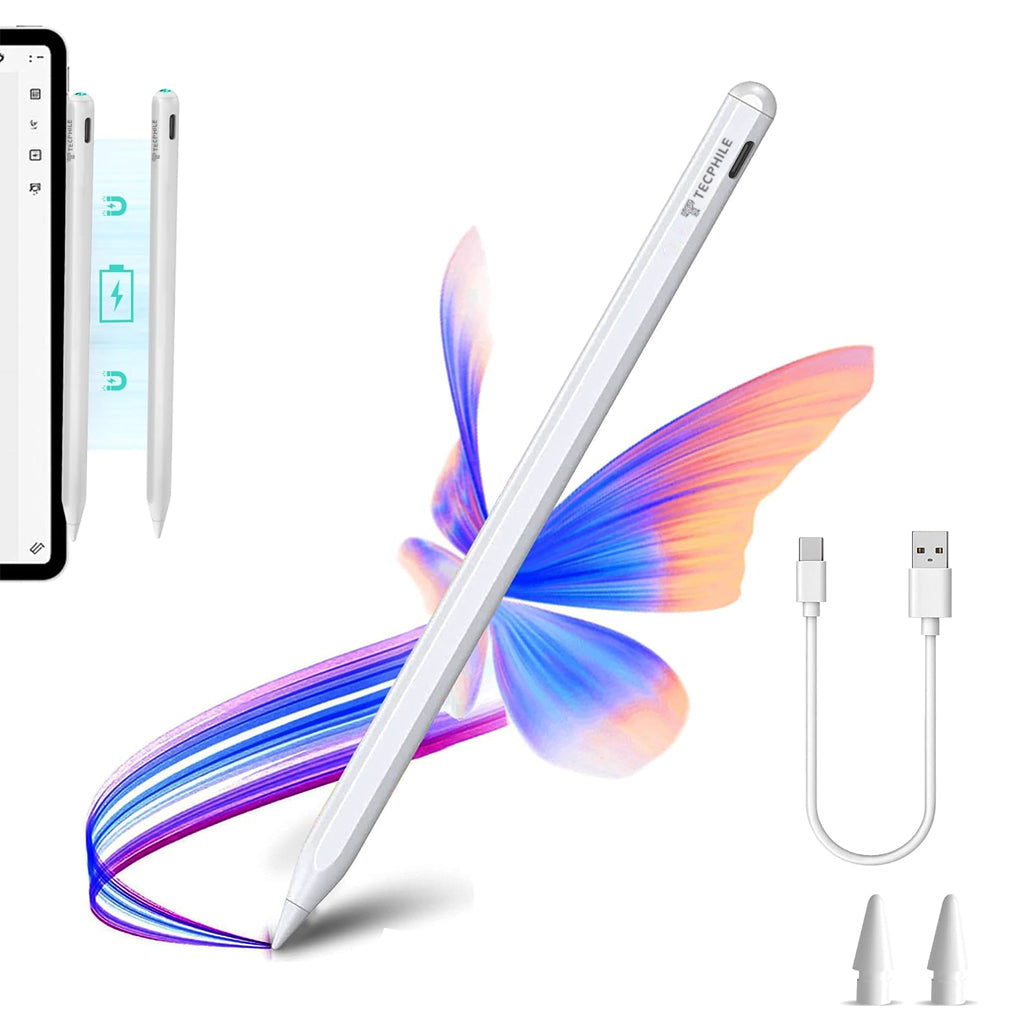 TECPHILE Bluetooth iPad Stylus Pen with dual charging, USB-C cable, and extra tips, compatible with 2018+ iPads for precise drawing and writing.