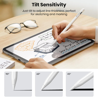TECPHILE iPad Stylus with tilt sensitivity adjusts line thickness by angle, ideal for sketching, marking, and digital art.