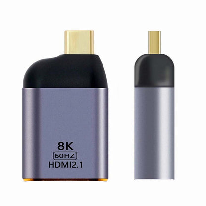 Front and side view of TECPHILE HDMI 2.1 to USB4 Type-C adapter, showcasing sleek metallic finish and gold-plated connectors.