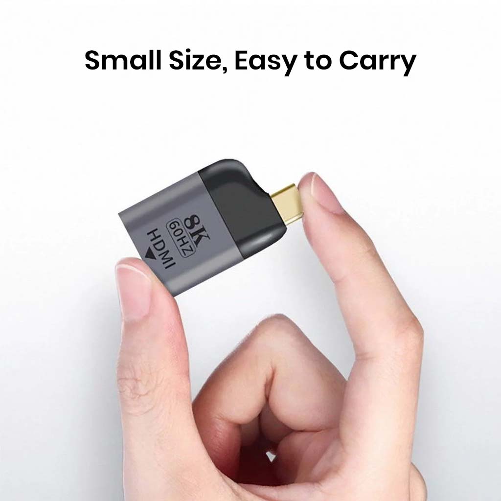 Compact TECPHILE HDMI 2.1 to USB4 Type-C adapter fits in hand, portable and easy to carry for travel and on-the-go use.