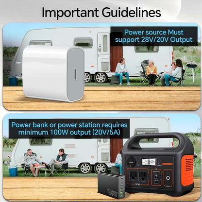 TECPHILE 20V Type-C PD cable usage guidelines showing compatibility with 28V/20V power sources and 100W output for power banks or stations.