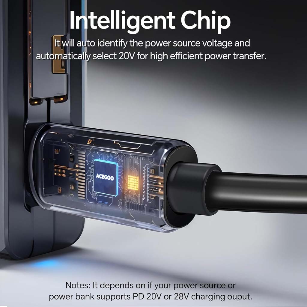 TECPHILE 20V PD cable with intelligent chip auto-selecting voltage for efficient power transfer, ensuring compatibility with PD 20V or 28V sources.