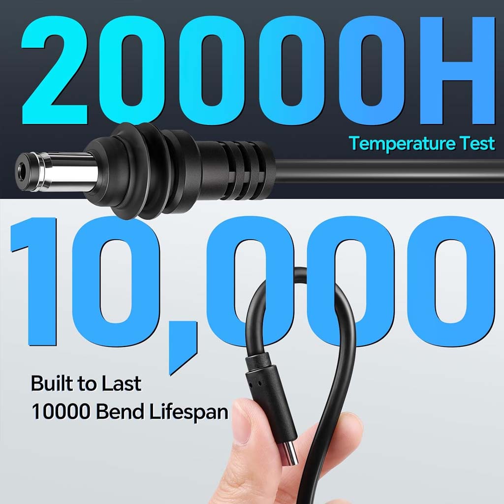 TECPHILE Type-C to DC cable tested for 20,000 hours and 10,000 bends, built for durability and long-lasting performance in electronics use.