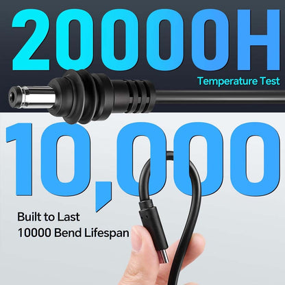 TECPHILE Type-C to DC cable tested for 20,000 hours and 10,000 bends, built for durability and long-lasting performance in electronics use.