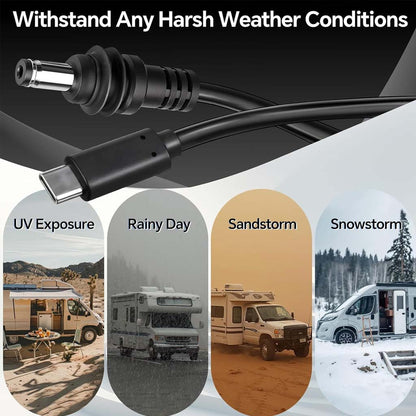 TECPHILE 20V Type-C PD cable built to withstand UV, rain, sandstorms, and snowstorms, ideal for rugged outdoor and travel environments.
