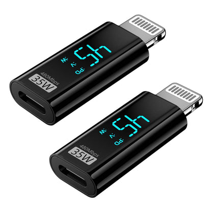 Set of two TECPHILE 35W Type-C to Lightning Fast Charging Adapters featuring LED display, perfect for dual-device charging needs.