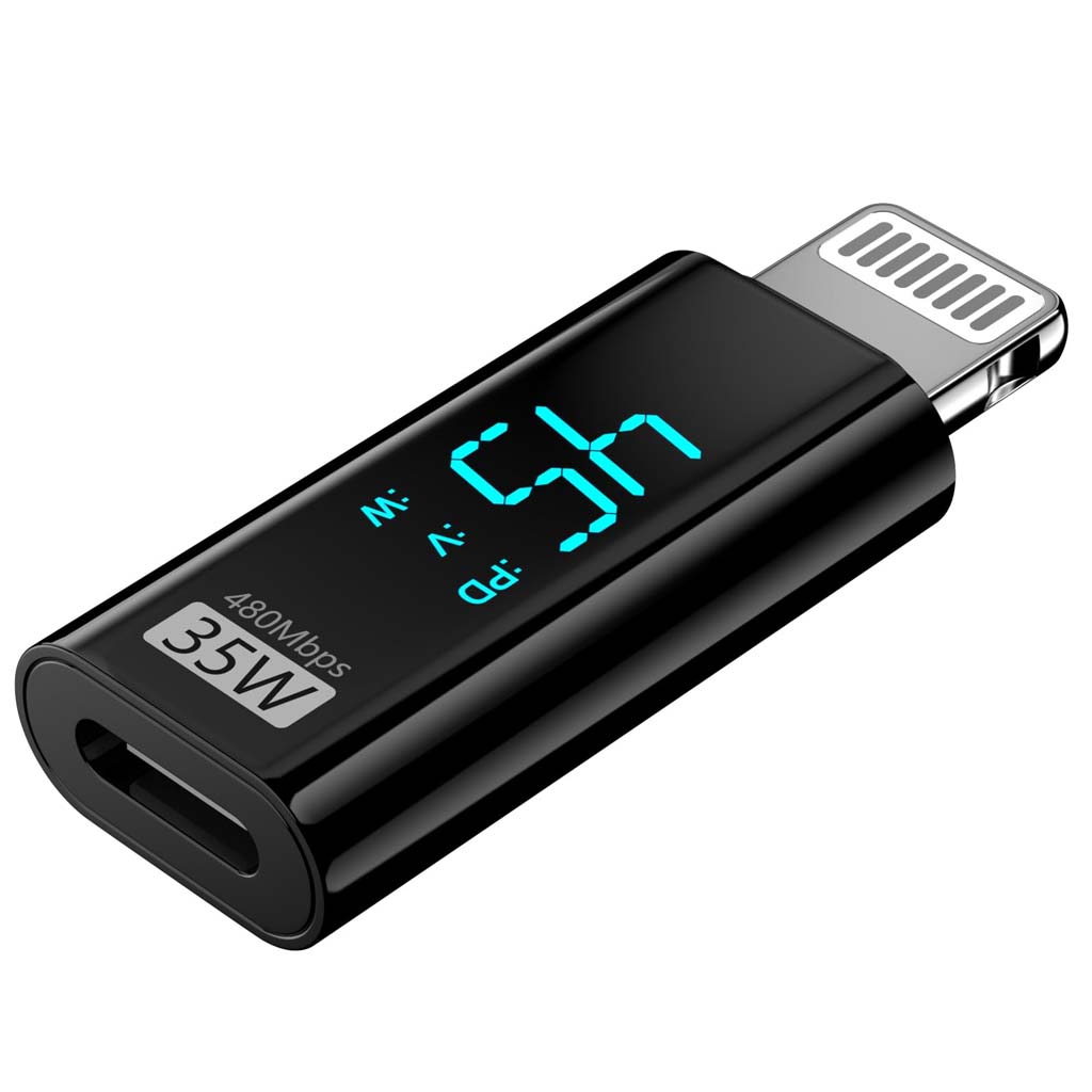 TECPHILE 35W Type-C to Lightning Fast Charging Adapter with digital display, ideal for fast charging Apple devices using USB-C cables.
