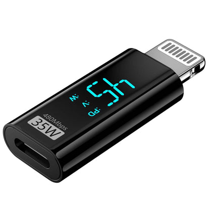 TECPHILE 35W Type-C to Lightning Fast Charging Adapter with digital display, ideal for fast charging Apple devices using USB-C cables.