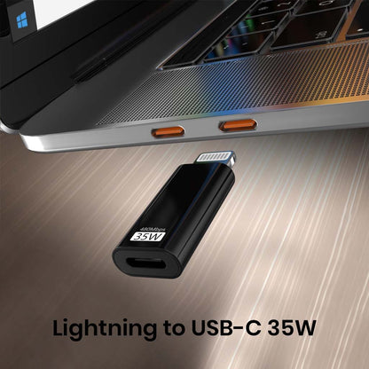 TECPHILE 35W Lightning to USB-C adapter connected to a laptop, showcasing fast charging compatibility for Apple devices.