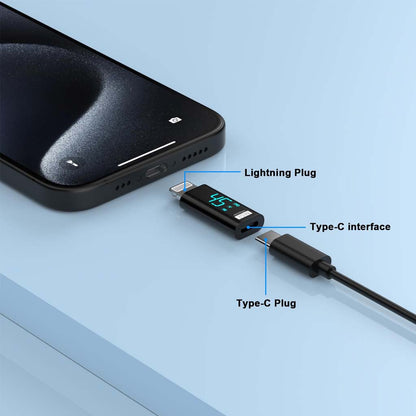 TECPHILE 35W adapter connecting a USB-C cable to an iPhone via Lightning port, demonstrating fast charging setup.