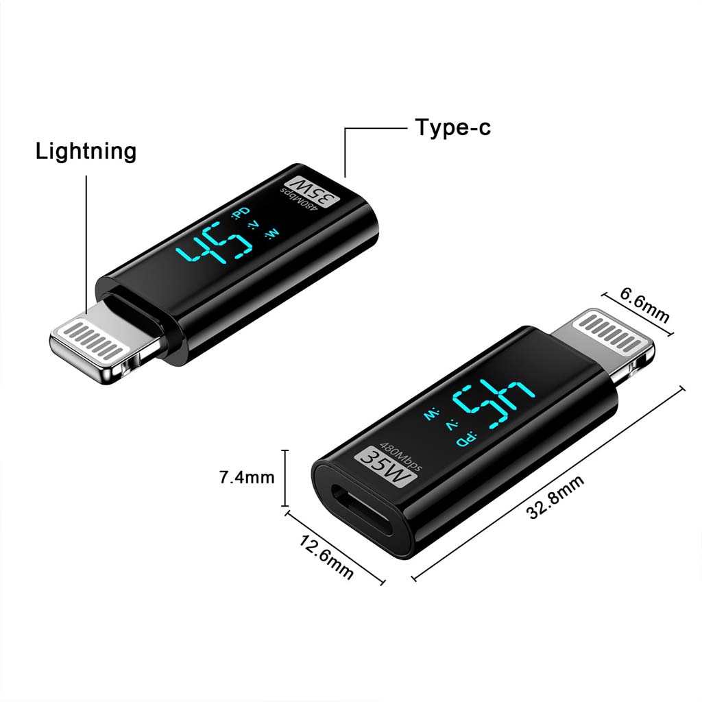 Dimensions of TECPHILE 35W Type-C to Lightning Adapter shown with labeled ports and compact size for portability.