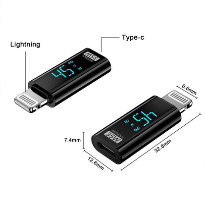 Dimensions of TECPHILE 35W Type-C to Lightning Adapter shown with labeled ports and compact size for portability.