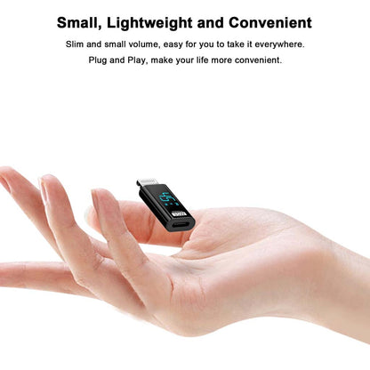 Compact TECPHILE 35W Type-C to Lightning Adapter displayed on a hand, highlighting its lightweight and portable design.