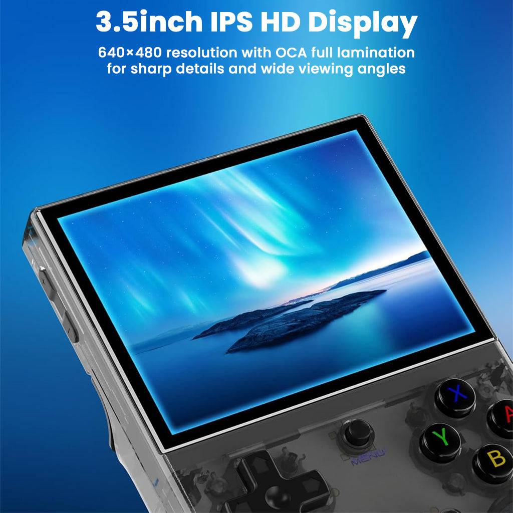ANBERNIC RG35XX Plus features a 3.5-inch IPS HD display with 640x480 resolution and full lamination for vibrant visuals and wide viewing angles.