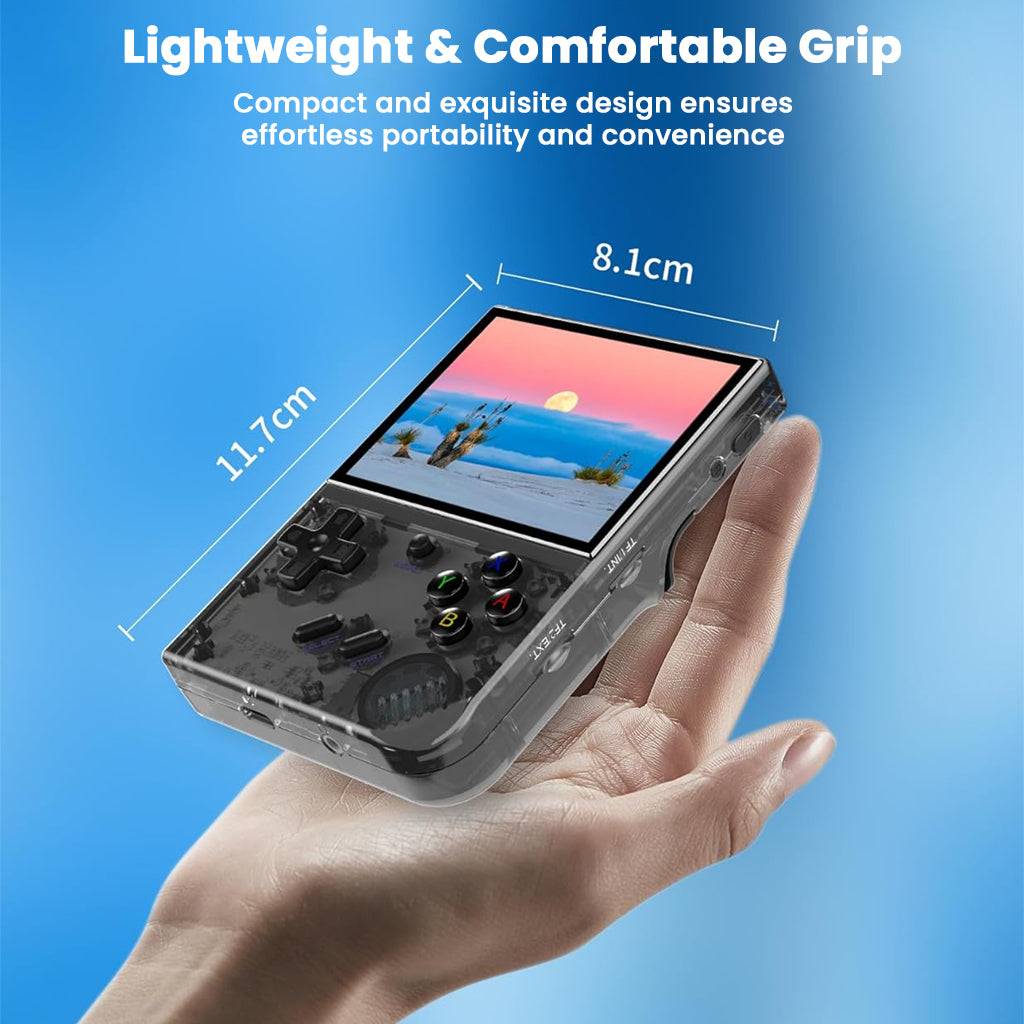 Compact ANBERNIC RG35XX Plus handheld console fits comfortably in hand, measuring 11.7cm by 8.1cm for easy portability and gaming on the go.