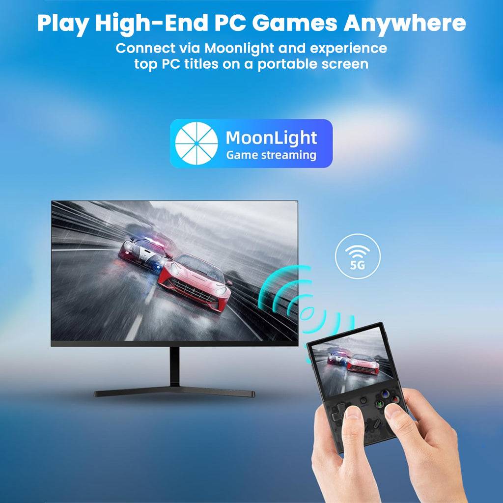 Stream high-end PC games on the ANBERNIC RG35XX Plus using Moonlight and 5G WiFi, enabling portable access to top PC titles.