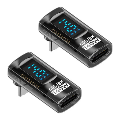 Pair of TECPHILE 140W USB-C adapters with transparent casing, 40Gbps transfer speed, and 8K video output support.