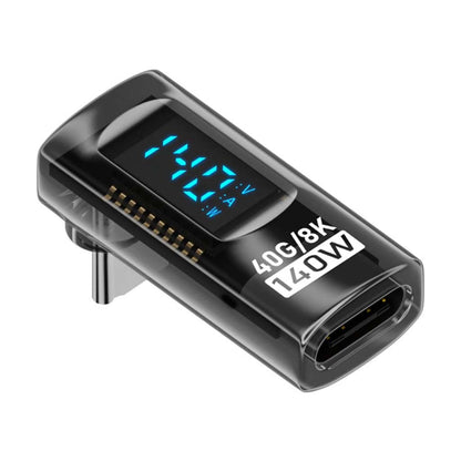 Transparent view of TECPHILE 140W USB-C adapter revealing internal components and digital display for real-time power monitoring.