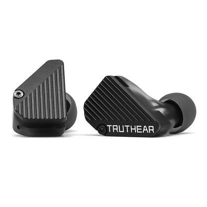 TRUTHEAR IEM - Hybrid Driver Performance | 1DD + 3BA Setup close-up of black in-ear monitors with angled design and TRUTHEAR branding.